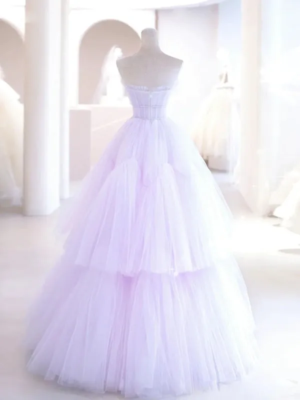 Elegant V Neck Purple Tulle Long Prom Dresses, Strapless Lilac Tulle Formal Evening Dresses, Lavender Ball Gown