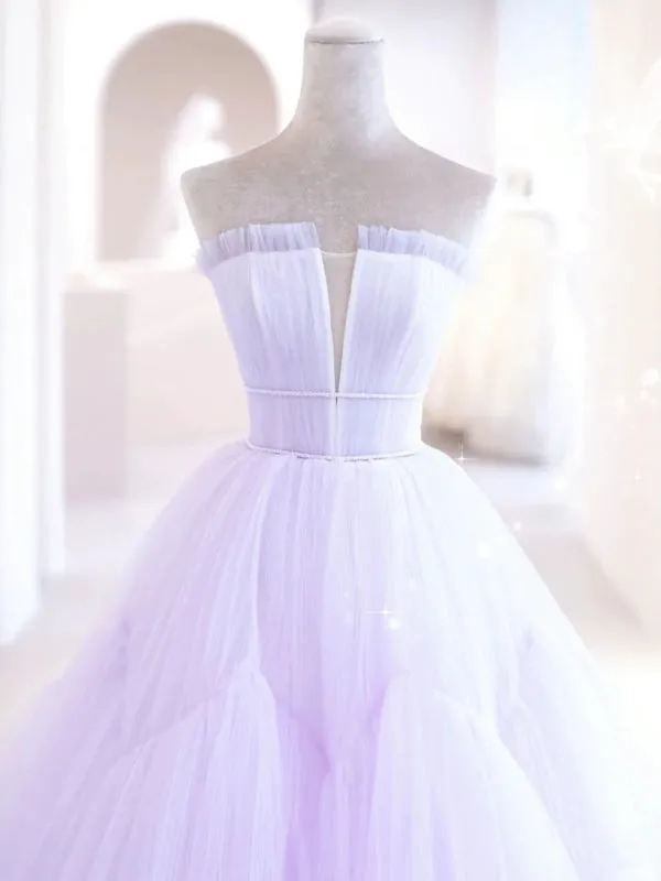 Elegant V Neck Purple Tulle Long Prom Dresses, Strapless Lilac Tulle Formal Evening Dresses, Lavender Ball Gown