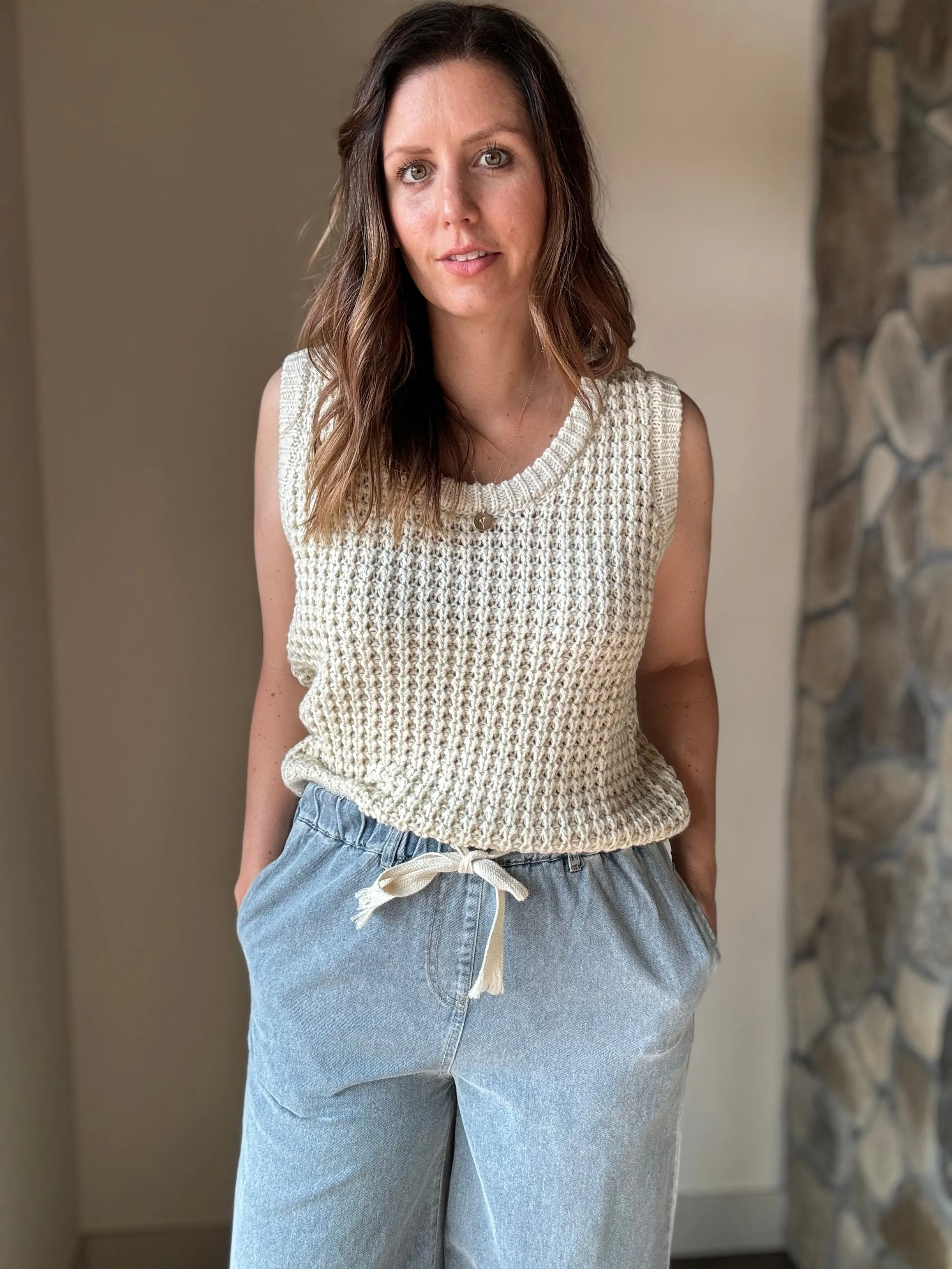elsie sleeveless ivory waffle sweater