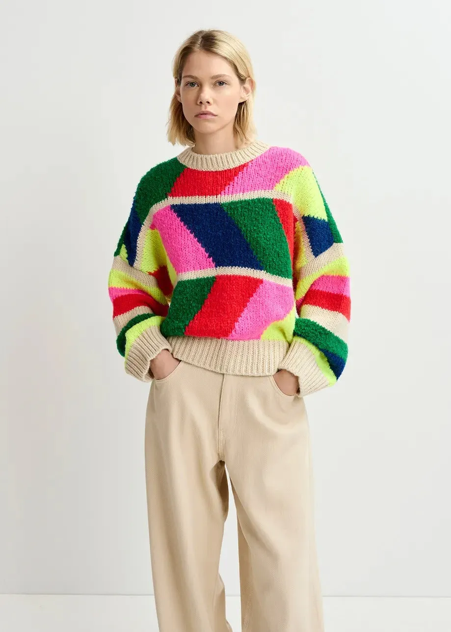 Essentiel Antwerp Gradation Jacquard Knit Pull in Beige / Neon pink / Red