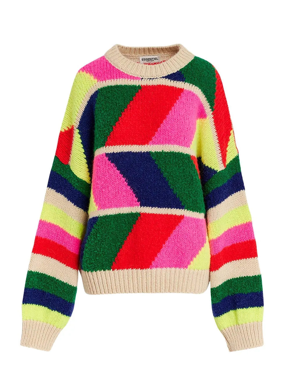 Essentiel Antwerp Gradation Jacquard Knit Pull in Beige / Neon pink / Red