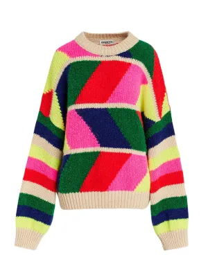 Essentiel Antwerp Gradation Jacquard Knit Pull in Beige / Neon pink / Red