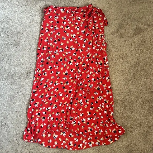 Faithfull The Brand  Celeste Wrap Midi Ruffle Skirt in Red Jasmine Floral Rayon