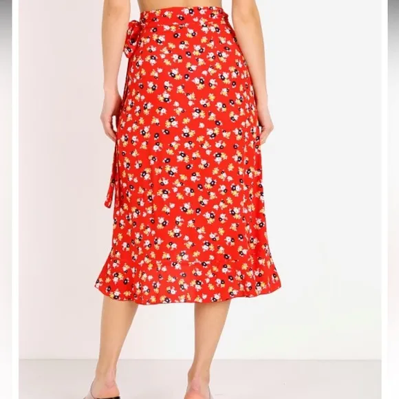 Faithfull The Brand  Celeste Wrap Midi Ruffle Skirt in Red Jasmine Floral Rayon