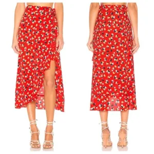 Faithfull The Brand  Celeste Wrap Midi Ruffle Skirt in Red Jasmine Floral Rayon