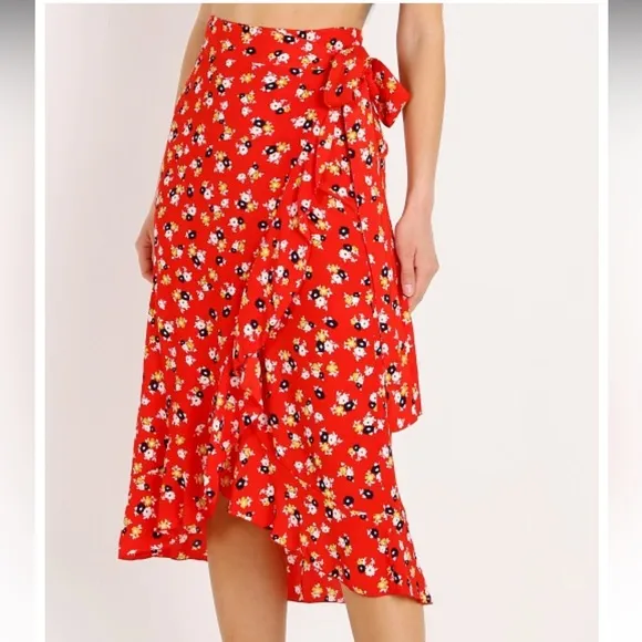 Faithfull The Brand  Celeste Wrap Midi Ruffle Skirt in Red Jasmine Floral Rayon