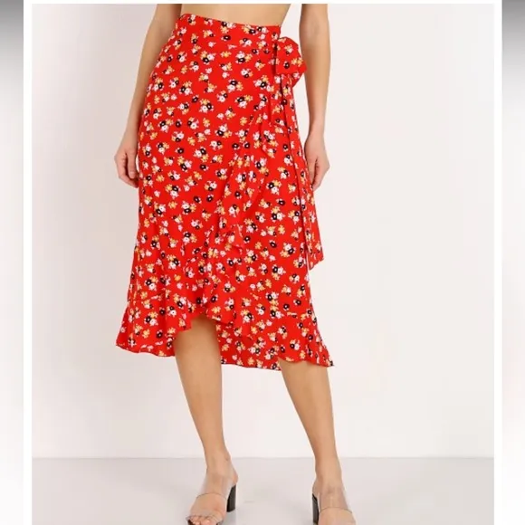 Faithfull The Brand  Celeste Wrap Midi Ruffle Skirt in Red Jasmine Floral Rayon