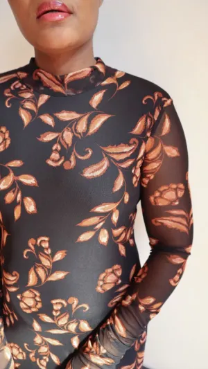 Floral Mesh Mock-Neck Maxi Dress