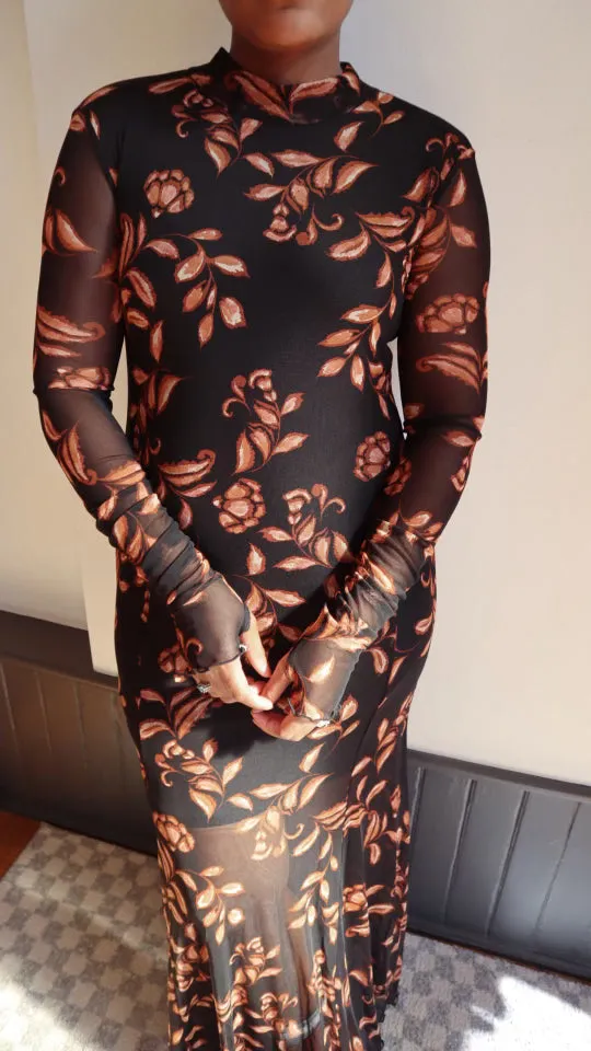 Floral Mesh Mock-Neck Maxi Dress