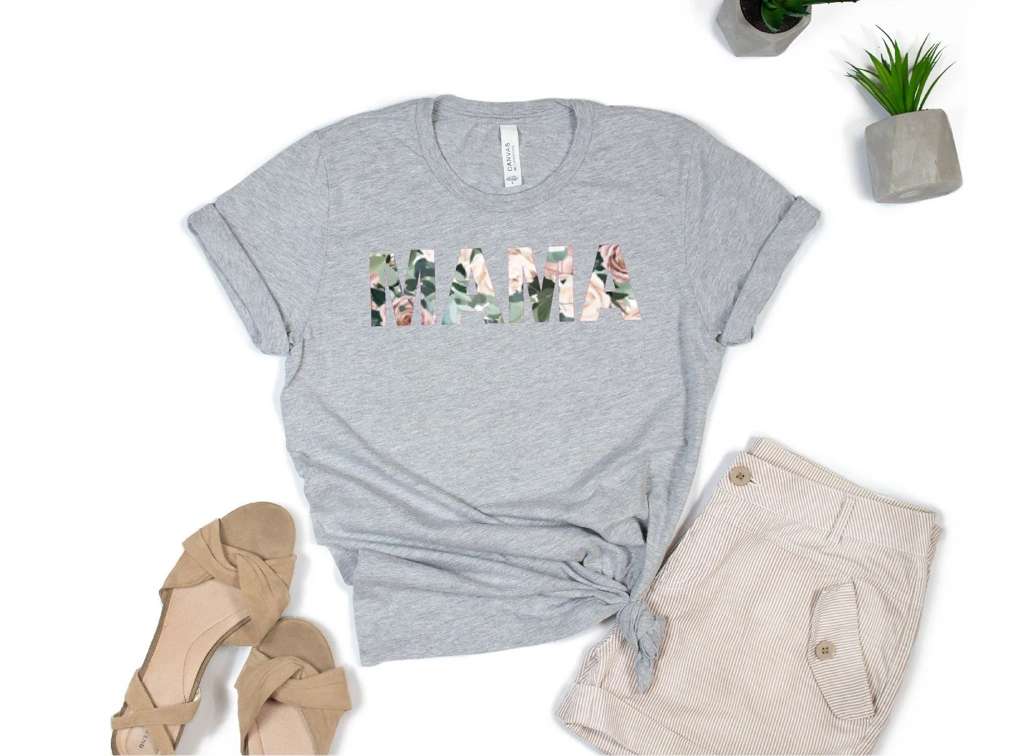Floral Print Plain Mama Slogan T-Shirt