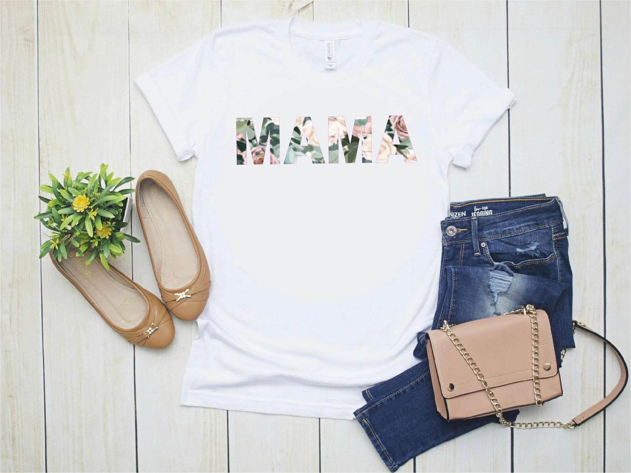 Floral Print Plain Mama Slogan T-Shirt