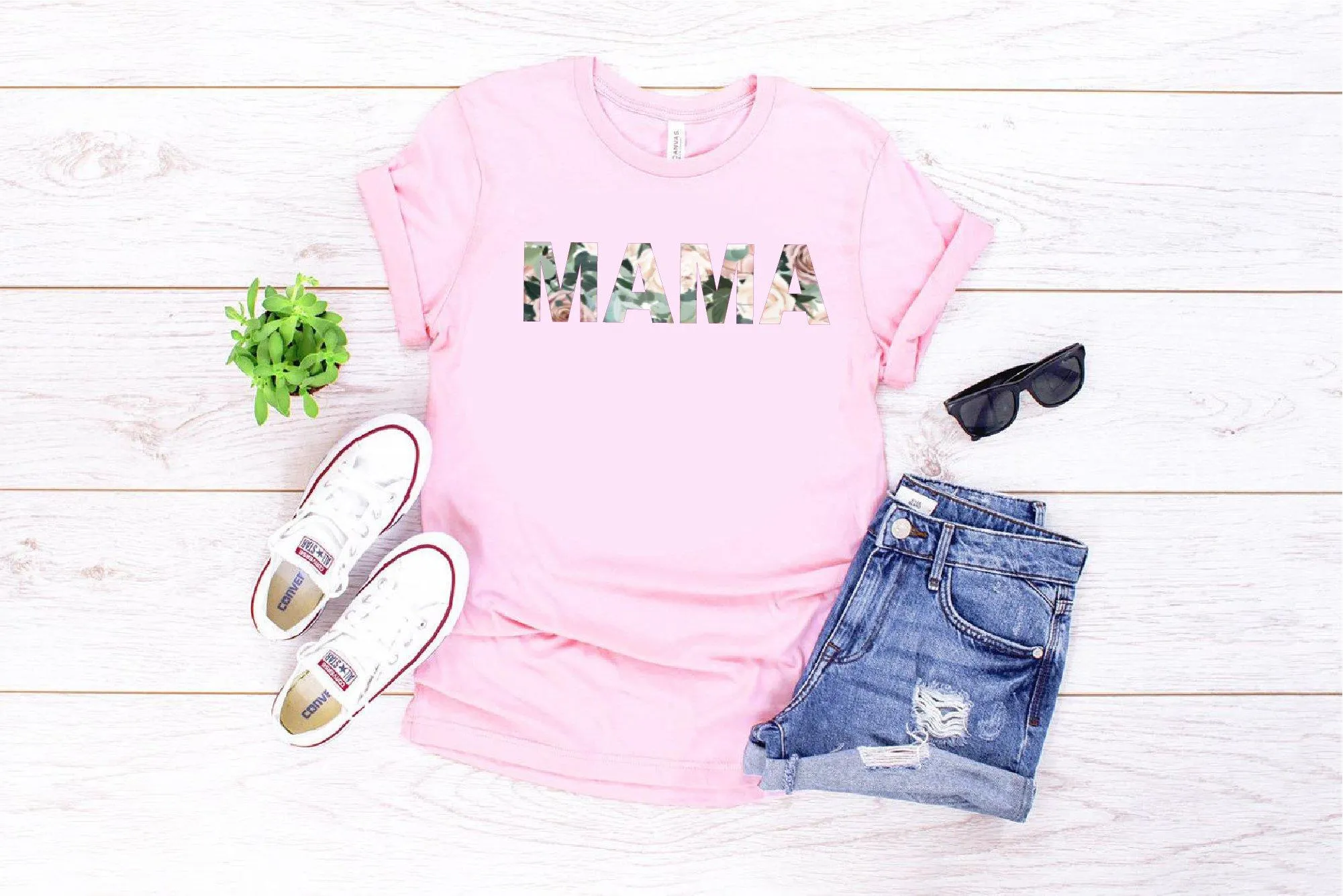 Floral Print Plain Mama Slogan T-Shirt