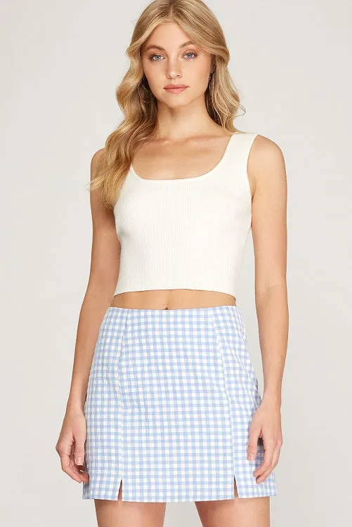 Gingham Mini Skirt with Front Slit