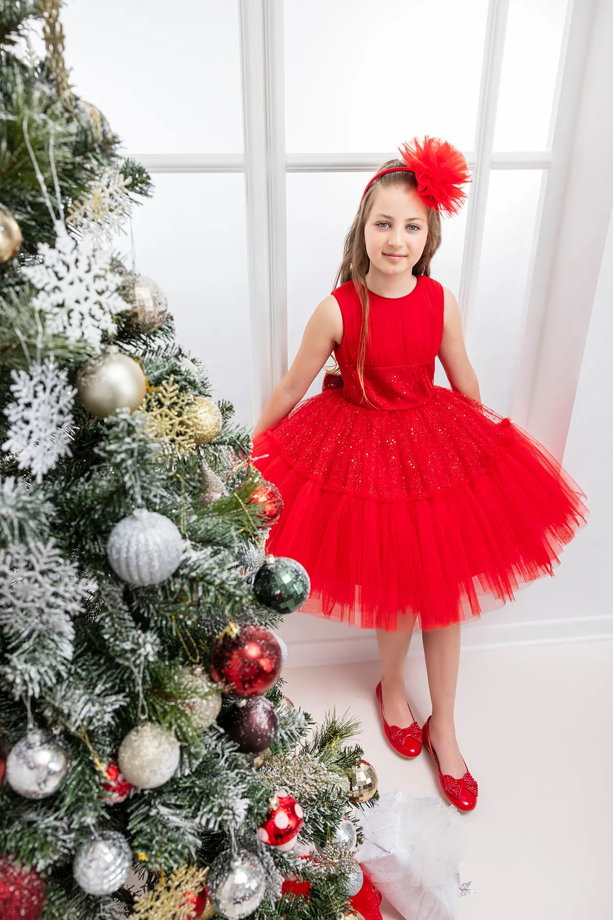 Girls Festive Red Sleeveless Tutu Dress
