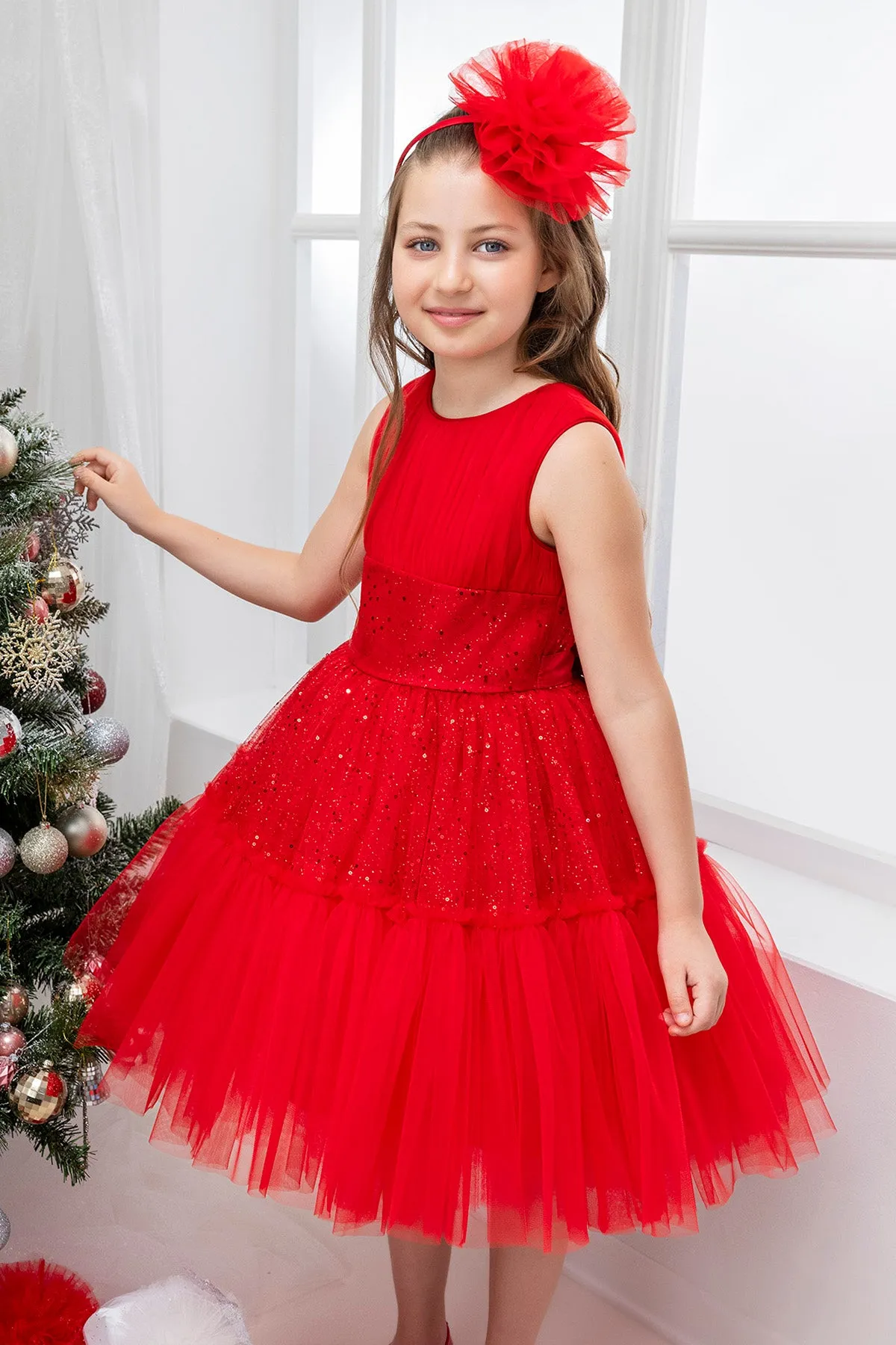 Girls Festive Red Sleeveless Tutu Dress
