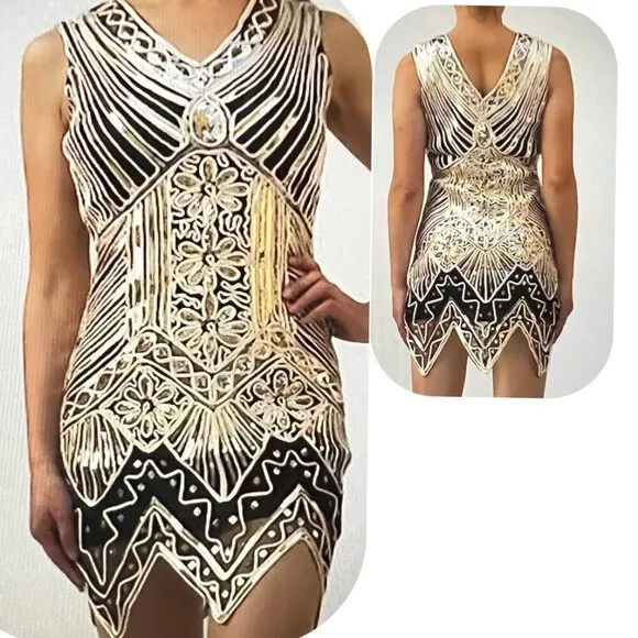 Gold Sequins Dress Black Gold Flapper Dress Size Medium