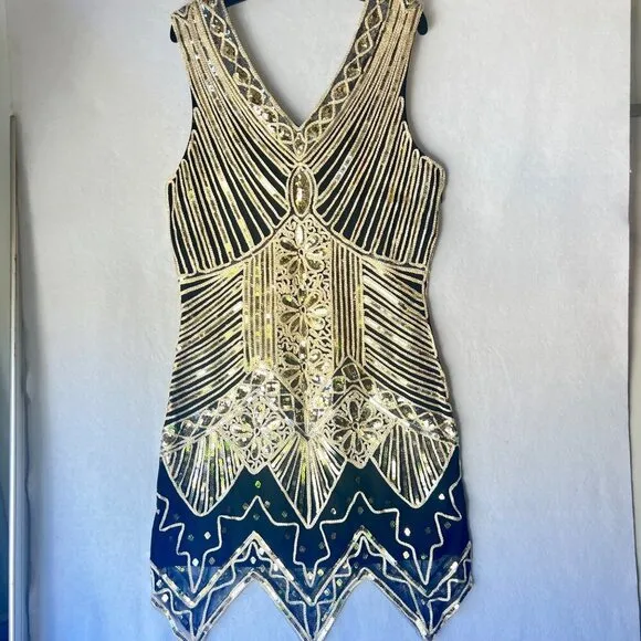 Gold Sequins Dress Black Gold Flapper Dress Size Medium