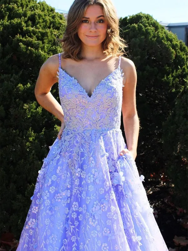 Gorgeous V Neck Open Back Purple Lace Floral Long Prom Dresses, Purple Lace Formal Graduation Evening Dresses with 3D Flowers