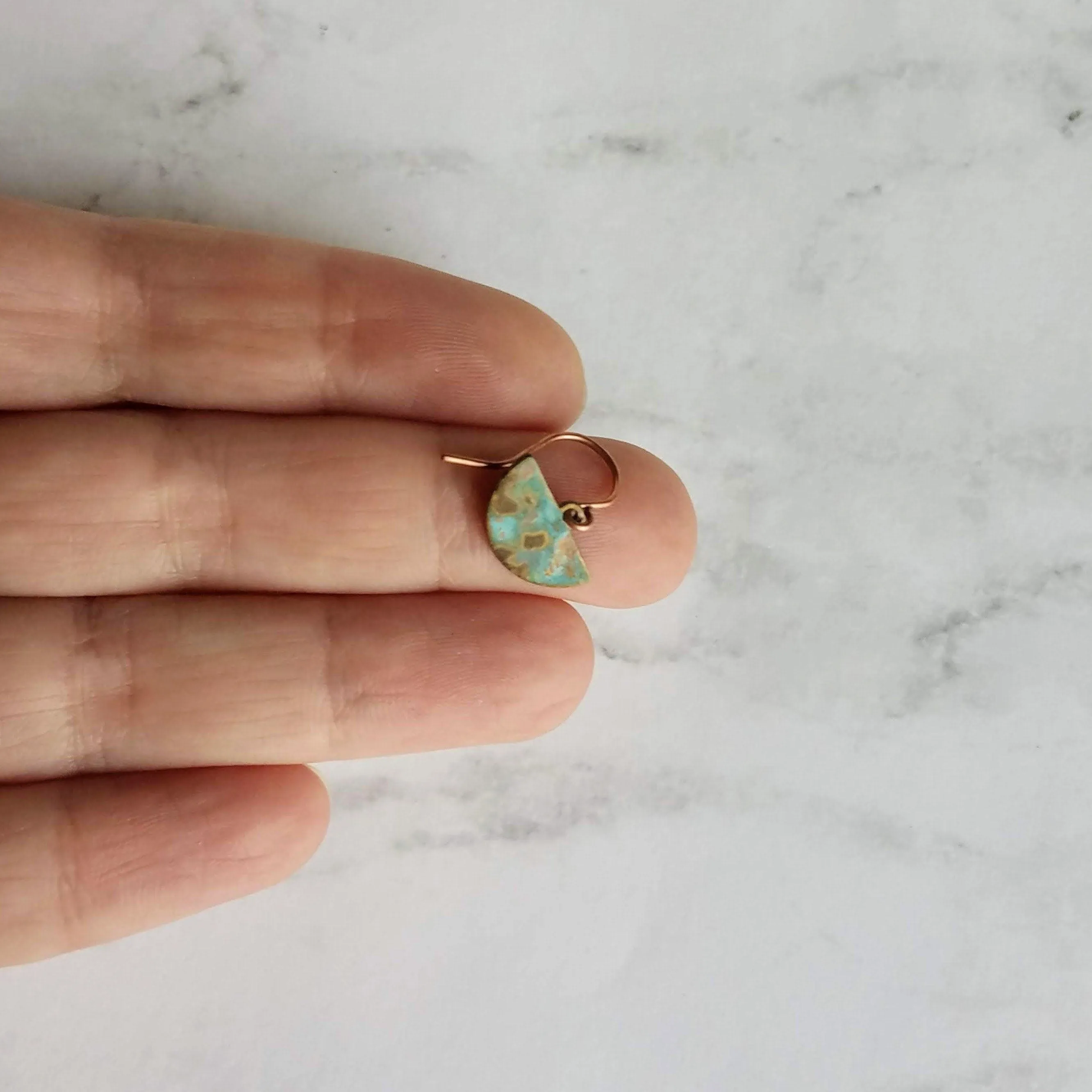 Half Circle Earrings - tiny semicircle shapes, verdigris patina, small half moon earrings, pendulum earring, blue green mottled earring