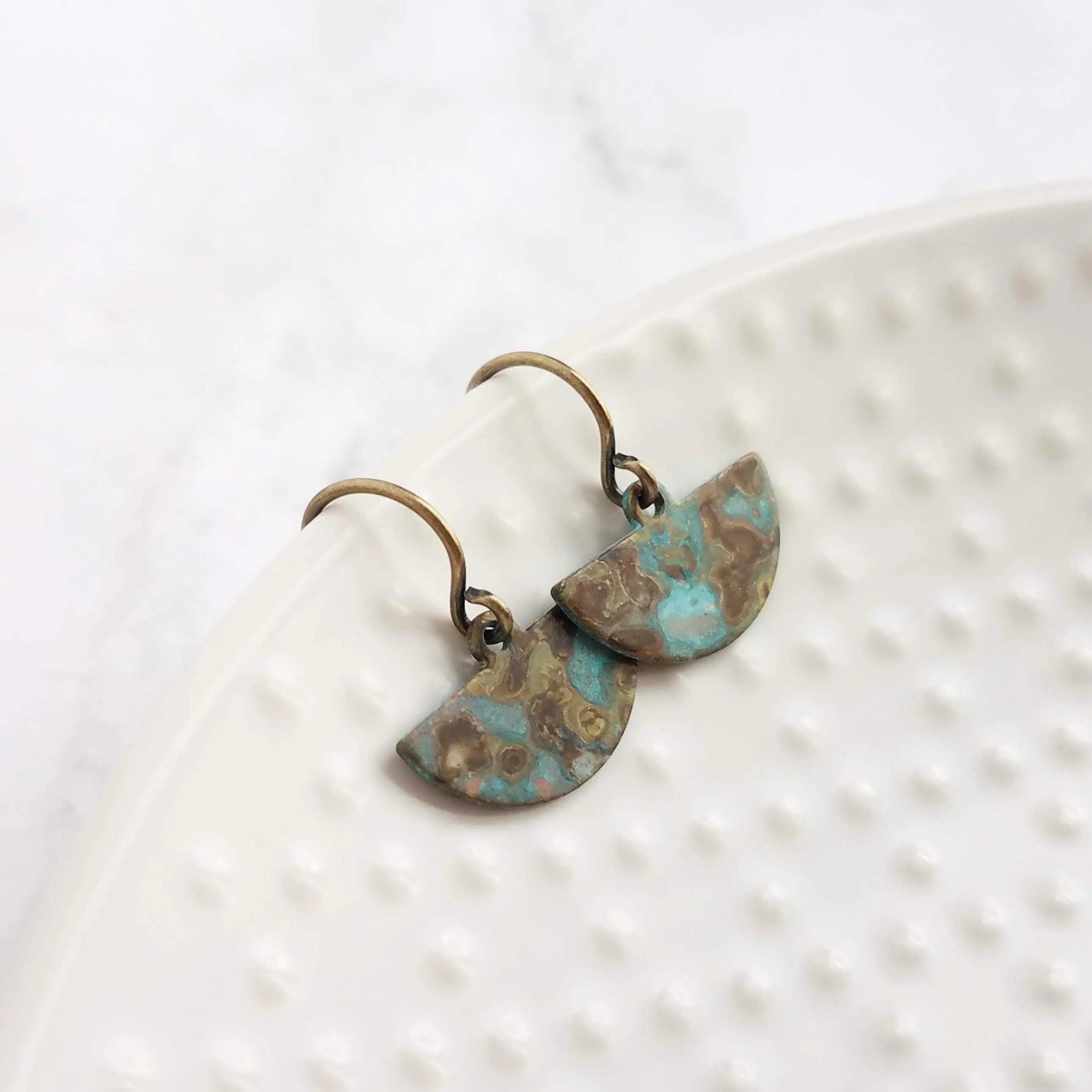 Half Circle Earrings - tiny semicircle shapes, verdigris patina, small half moon earrings, pendulum earring, blue green mottled earring