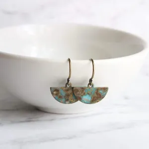 Half Circle Earrings - tiny semicircle shapes, verdigris patina, small half moon earrings, pendulum earring, blue green mottled earring