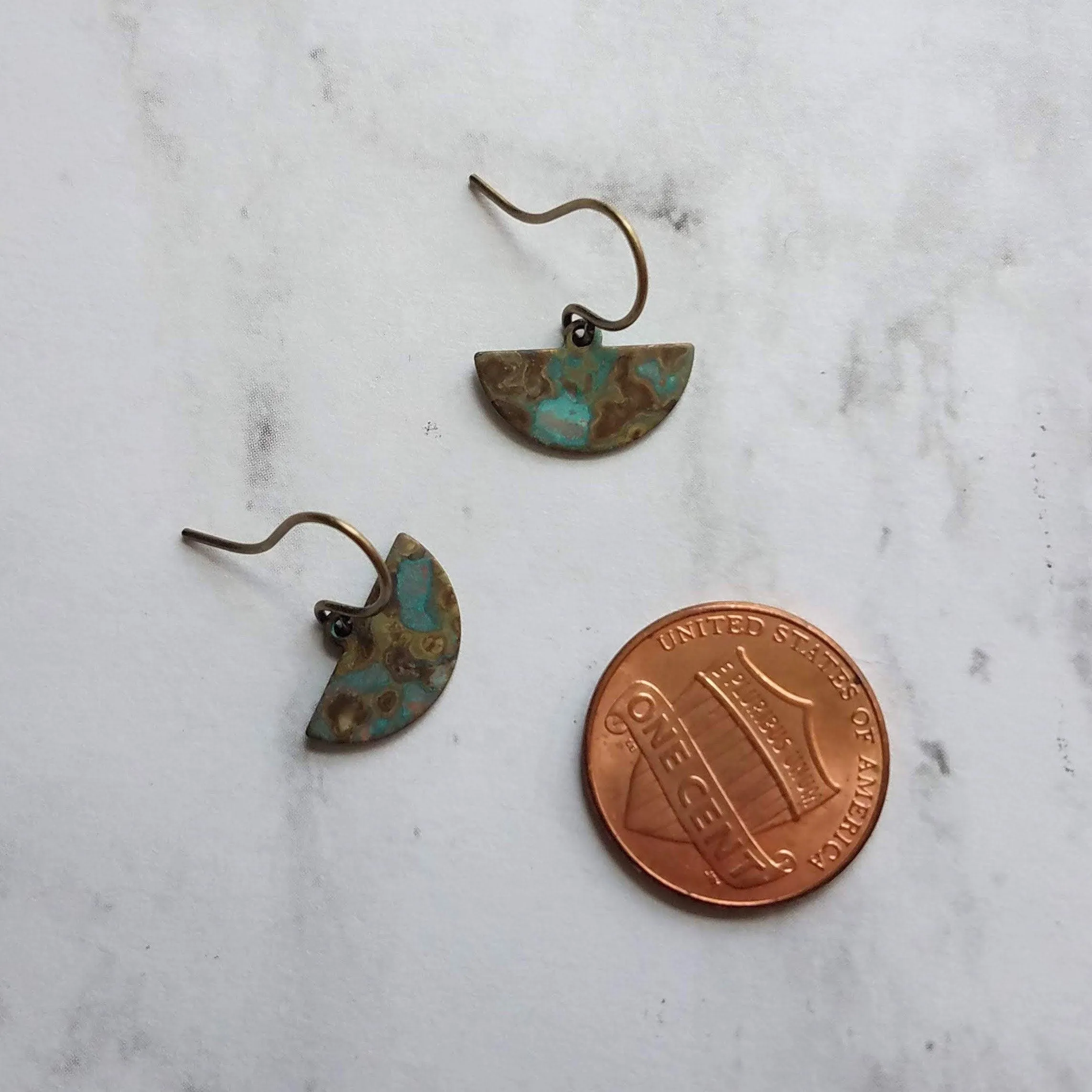 Half Circle Earrings - tiny semicircle shapes, verdigris patina, small half moon earrings, pendulum earring, blue green mottled earring