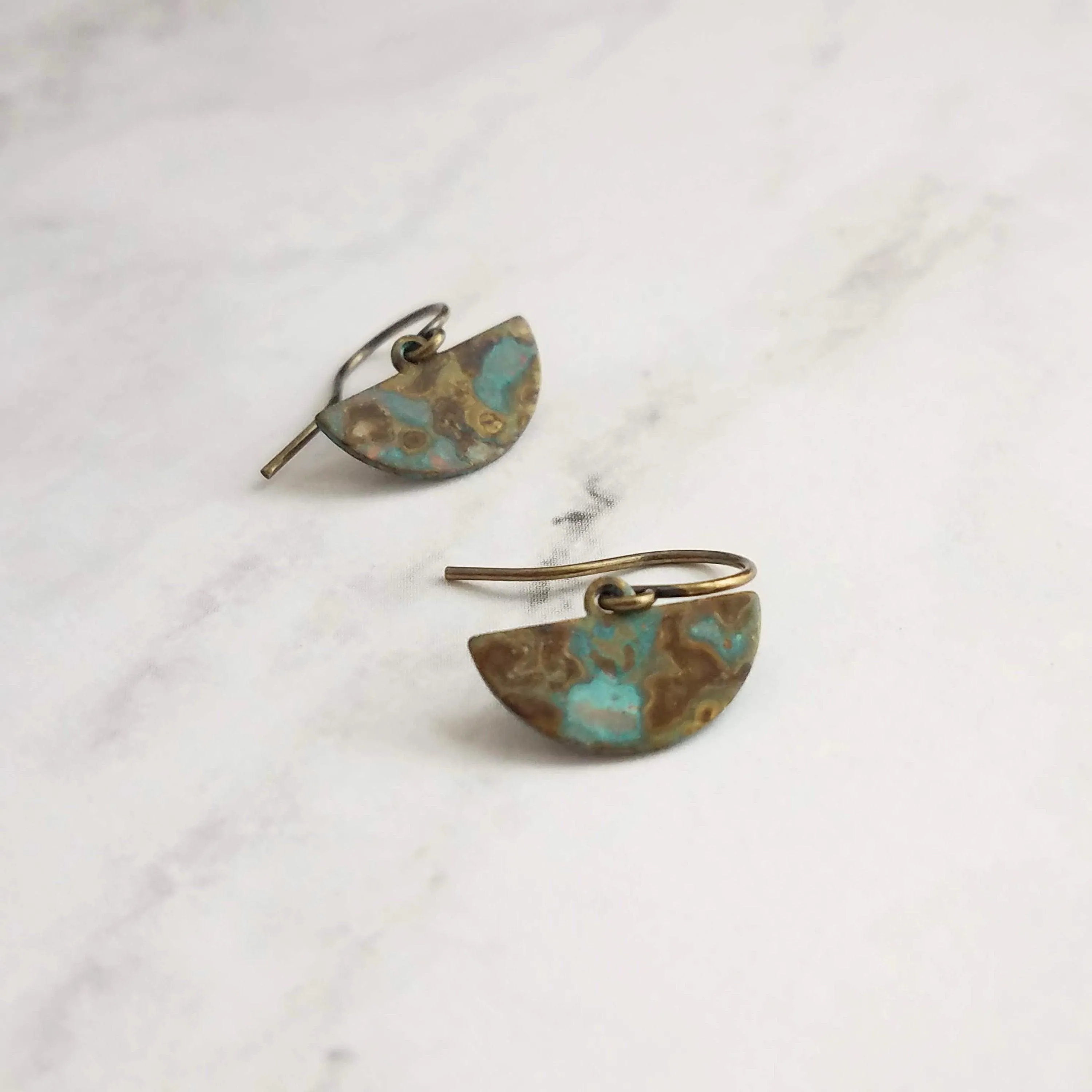 Half Circle Earrings - tiny semicircle shapes, verdigris patina, small half moon earrings, pendulum earring, blue green mottled earring