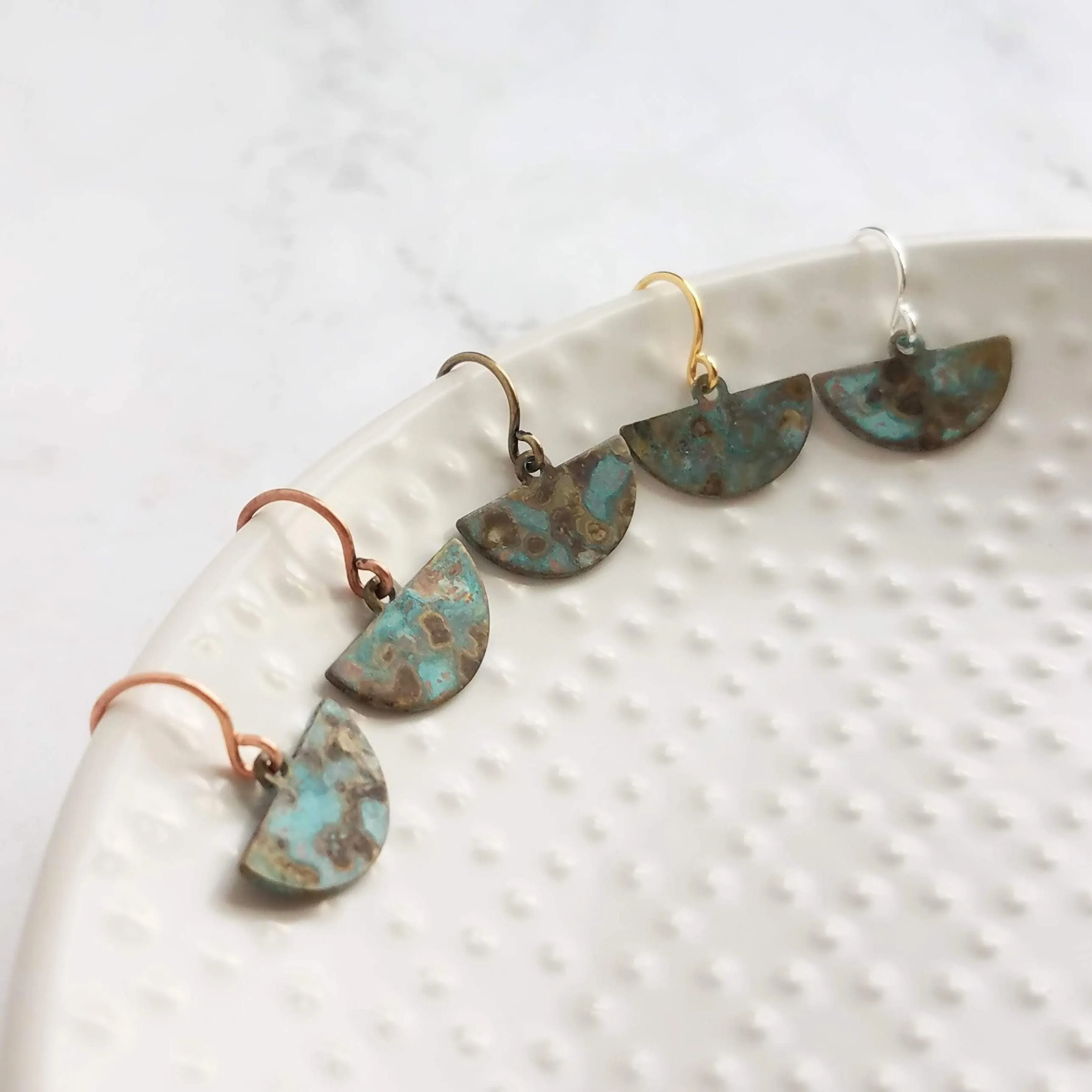 Half Circle Earrings - tiny semicircle shapes, verdigris patina, small half moon earrings, pendulum earring, blue green mottled earring
