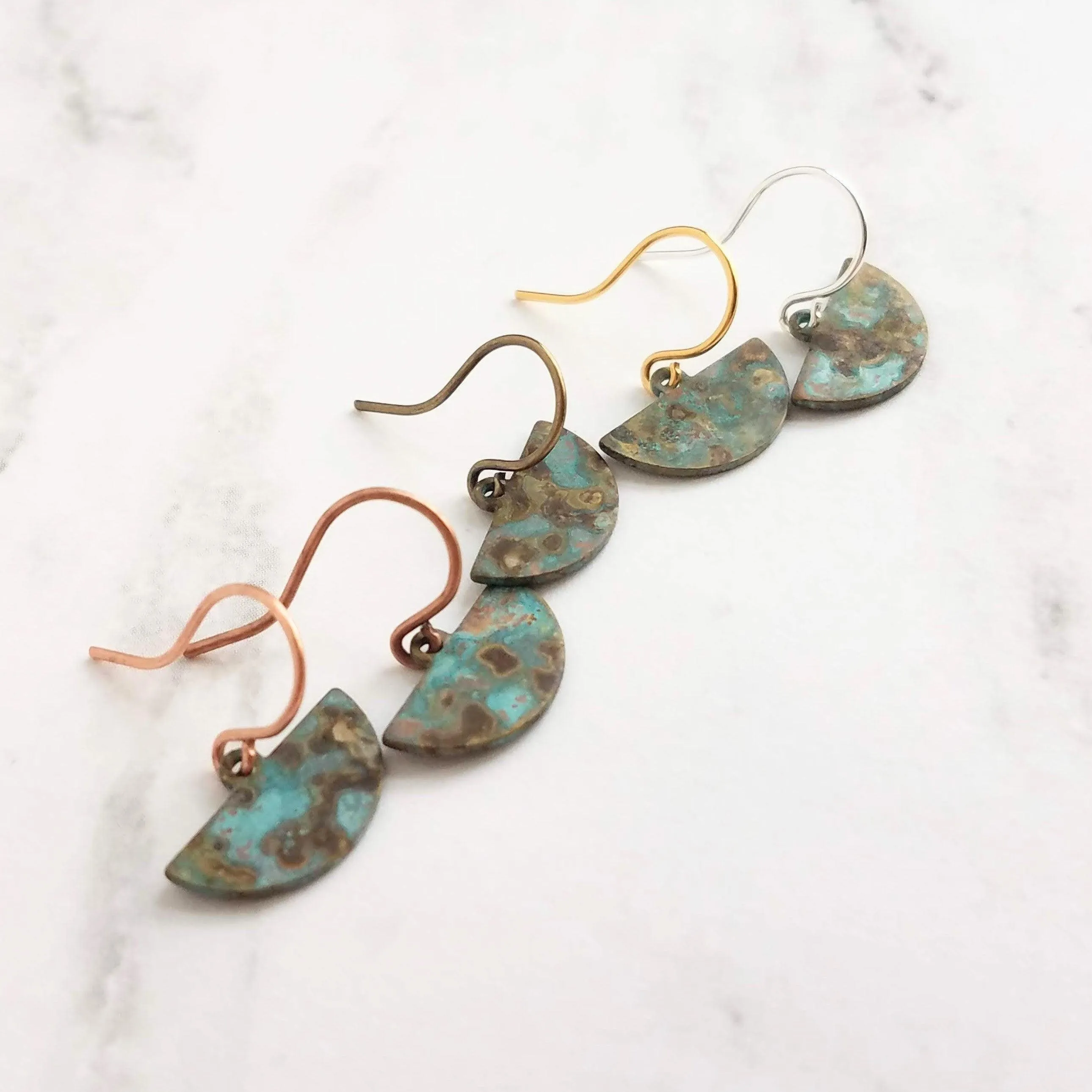 Half Circle Earrings - tiny semicircle shapes, verdigris patina, small half moon earrings, pendulum earring, blue green mottled earring