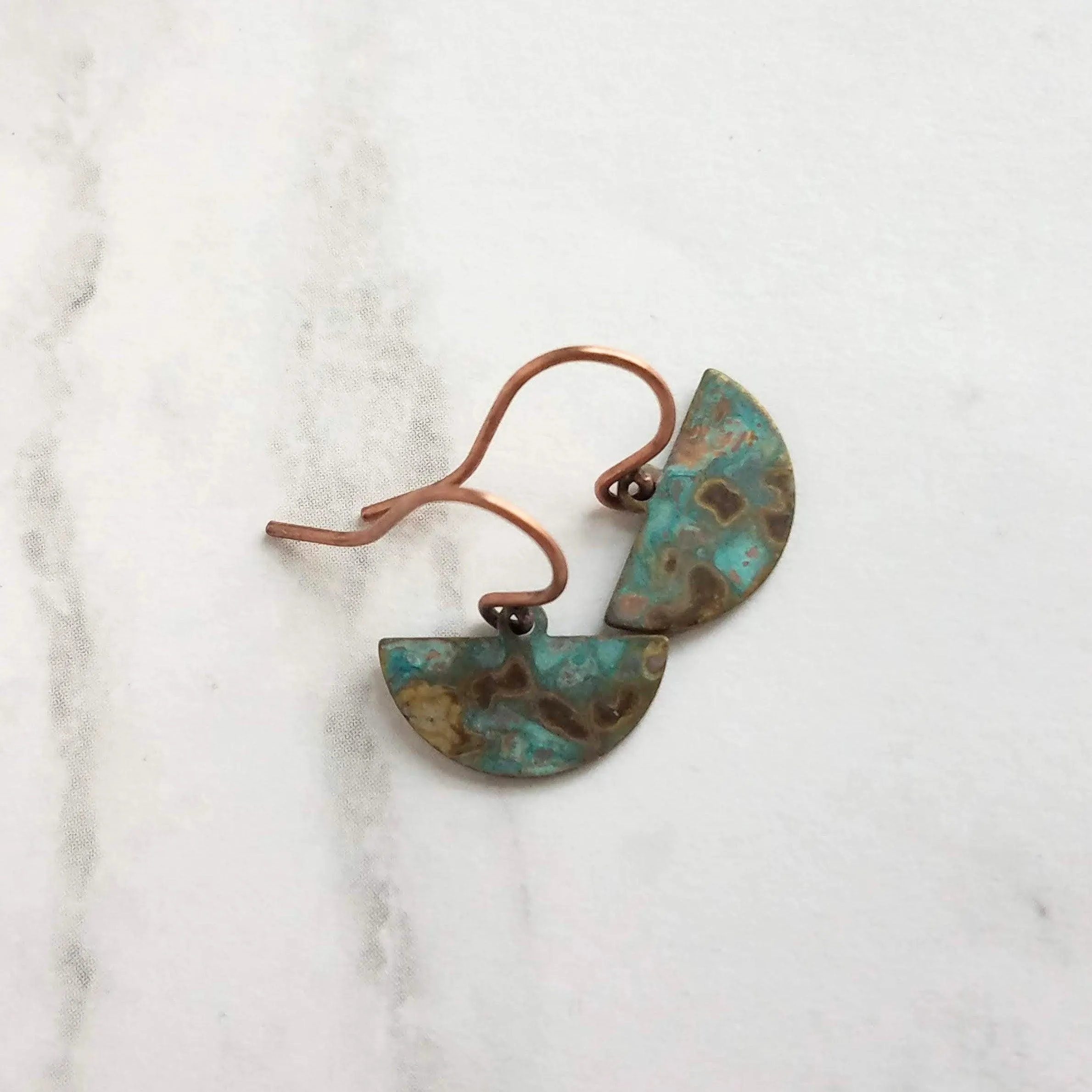 Half Circle Earrings - tiny semicircle shapes, verdigris patina, small half moon earrings, pendulum earring, blue green mottled earring