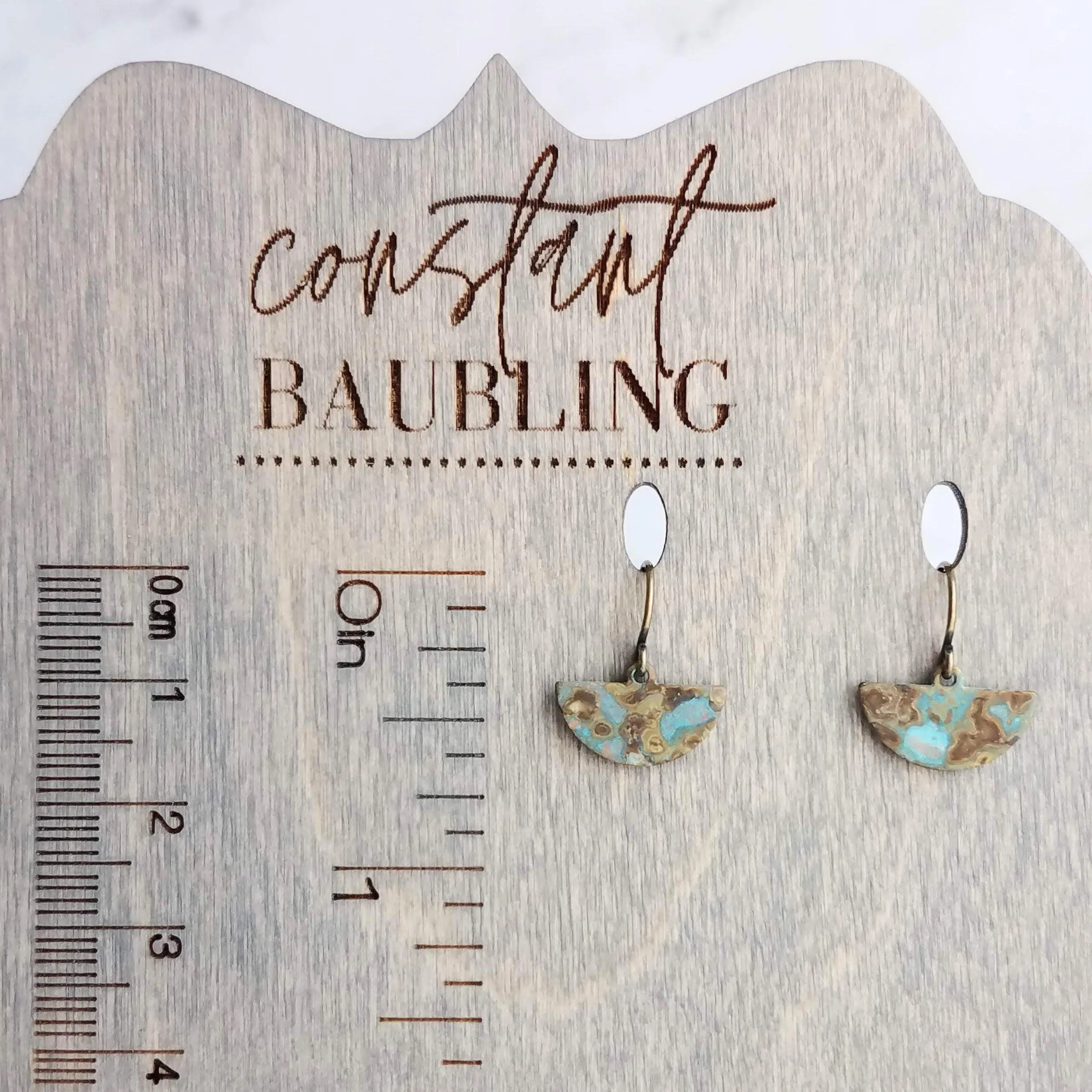 Half Circle Earrings - tiny semicircle shapes, verdigris patina, small half moon earrings, pendulum earring, blue green mottled earring