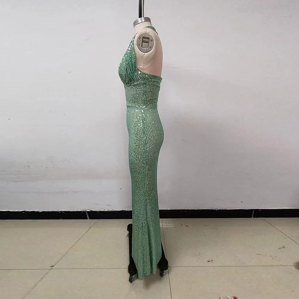 Halter Sleeveless Sequins Maxi Dress KLYF1091