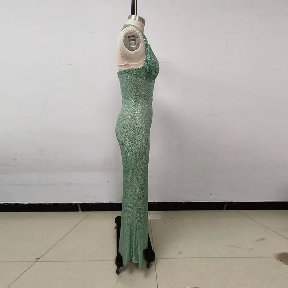 Halter Sleeveless Sequins Maxi Dress KLYF1091