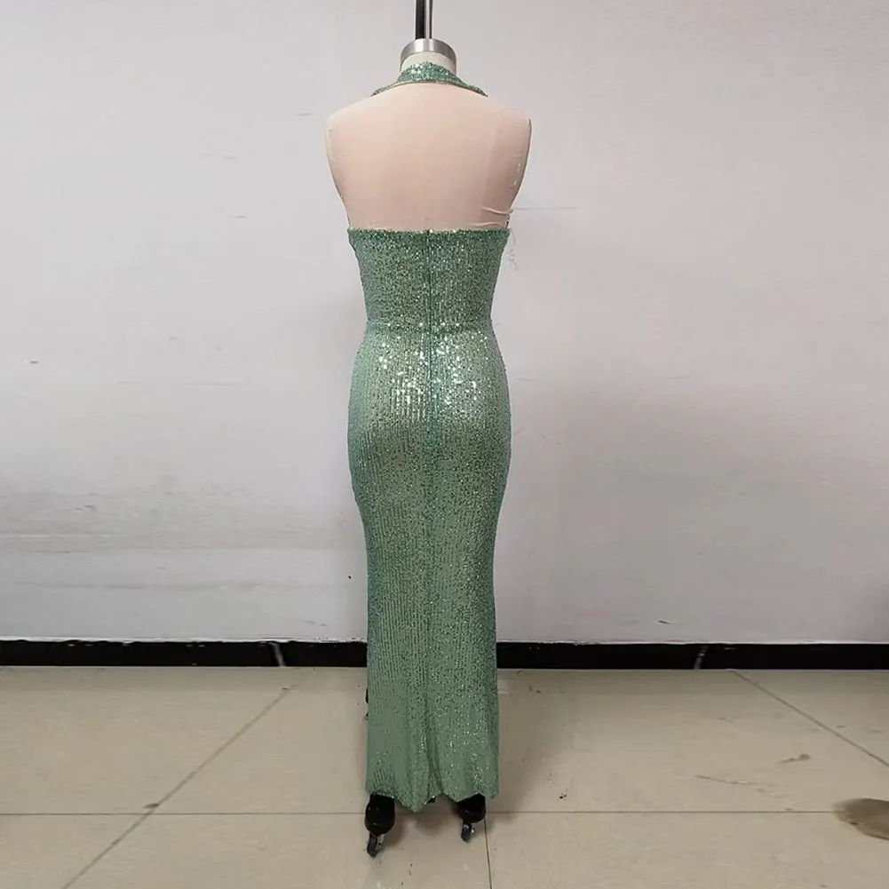 Halter Sleeveless Sequins Maxi Dress KLYF1091