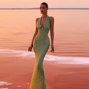 Halter Sleeveless Sequins Maxi Dress KLYF1091