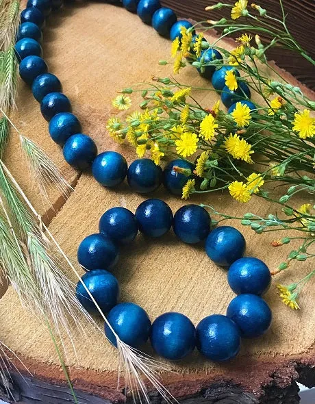Handmade Wooden Bead Necklace and Bracelet Set (Korale Goralskie)- Metallic Silver