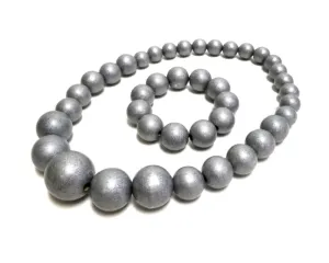 Handmade Wooden Bead Necklace and Bracelet Set (Korale Goralskie)- Metallic Silver