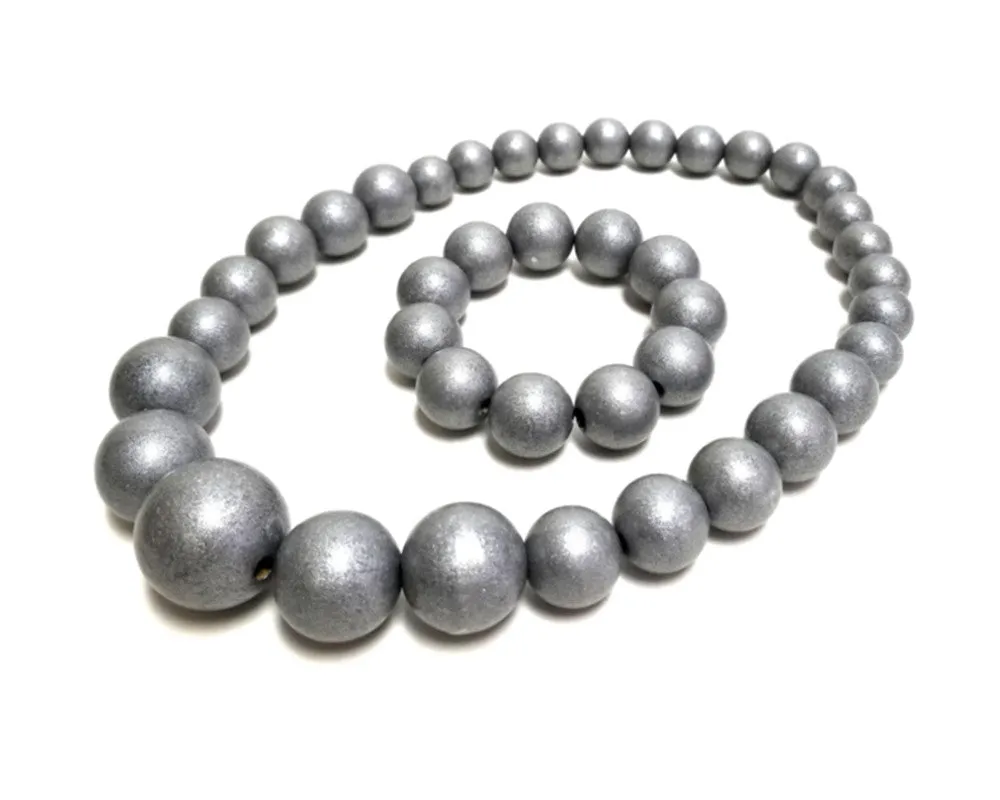 Handmade Wooden Bead Necklace and Bracelet Set (Korale Goralskie)- Metallic Silver