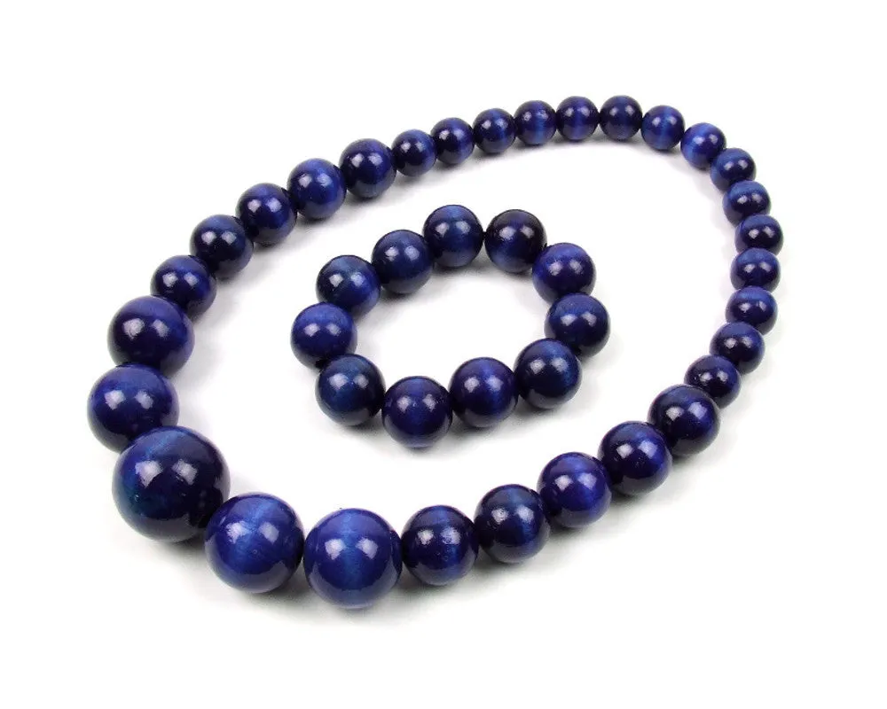 Handmade Wooden Bead Necklace and Bracelet Set (Korale Goralskie)- Navy Blue