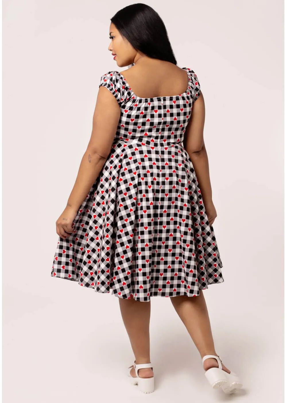 Hell Bunny Leonie Gingham Hearts 50's Swing Dress Black White