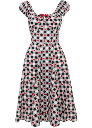 Hell Bunny Leonie Gingham Hearts 50's Swing Dress Black White