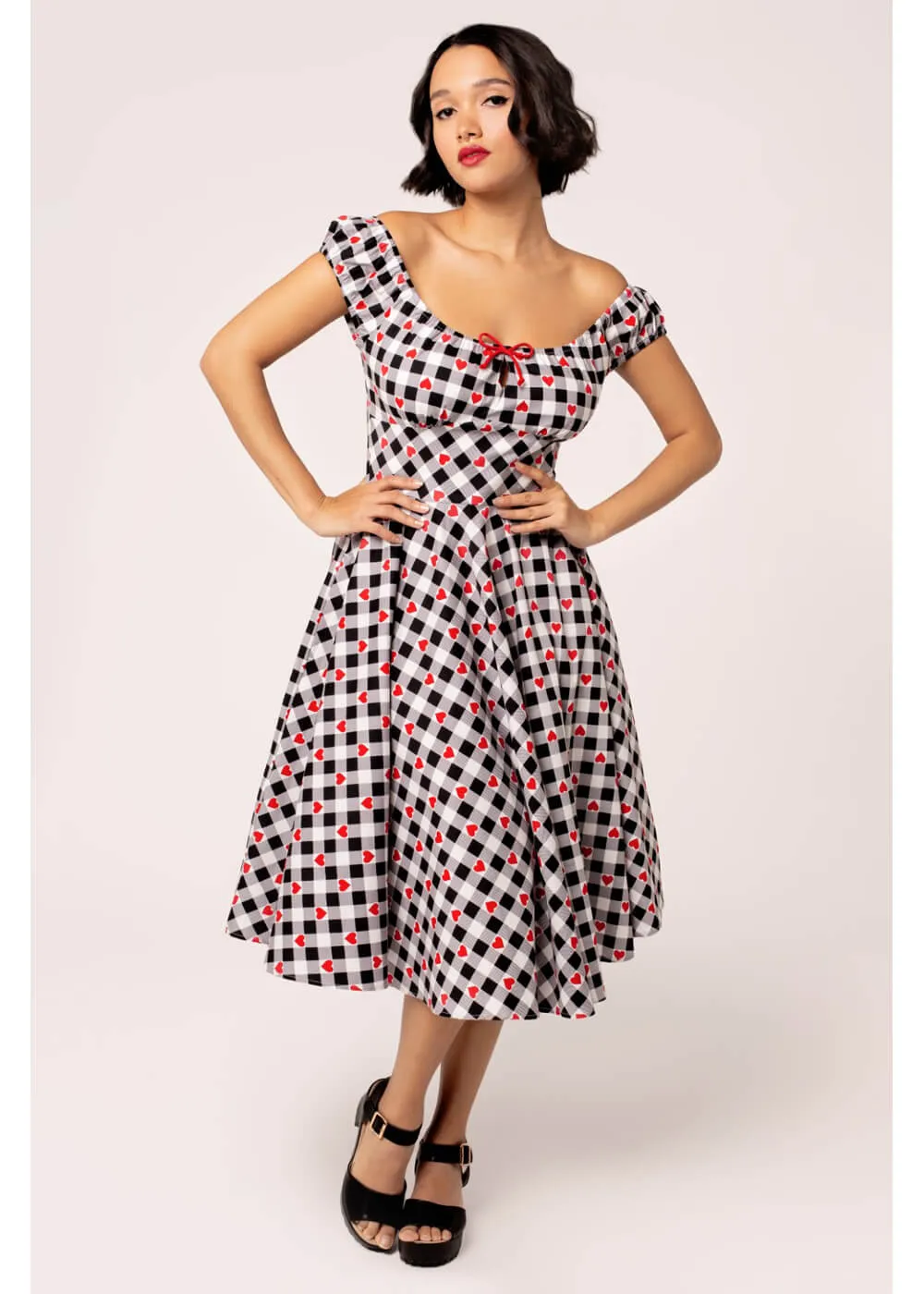 Hell Bunny Leonie Gingham Hearts 50's Swing Dress Black White