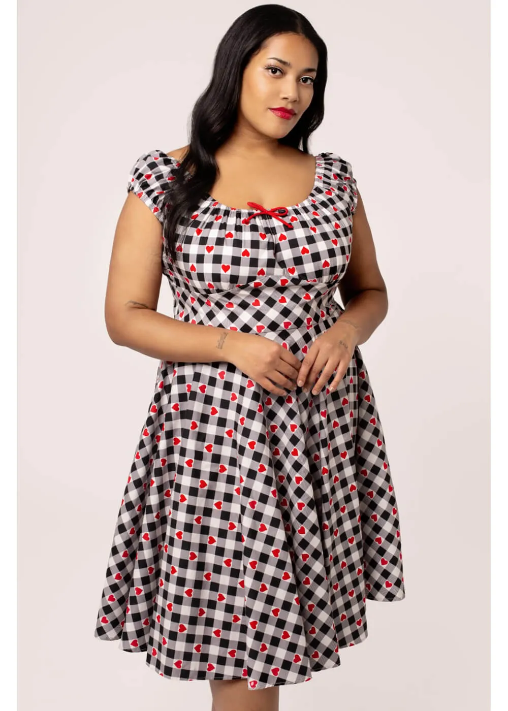 Hell Bunny Leonie Gingham Hearts 50's Swing Dress Black White
