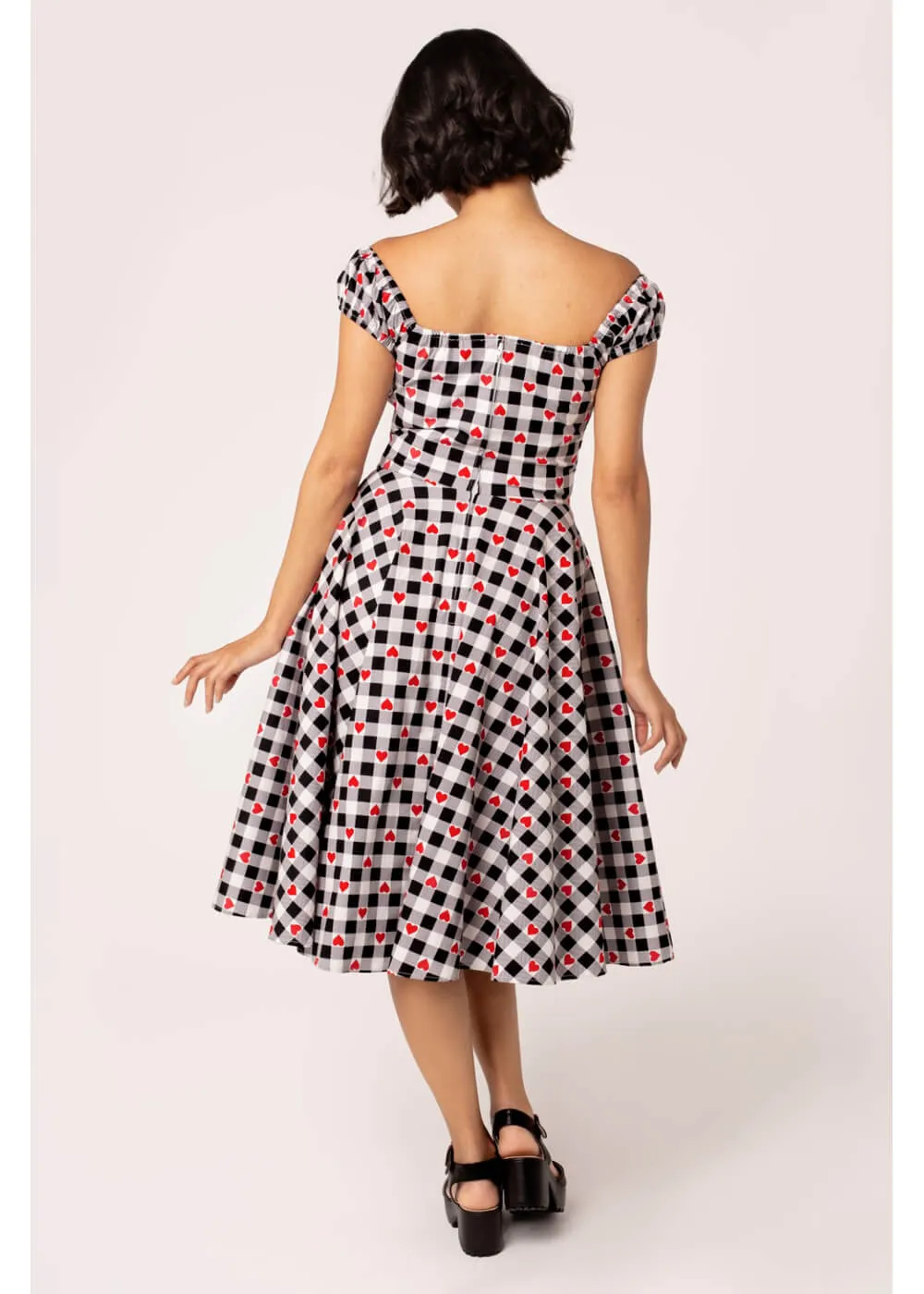 Hell Bunny Leonie Gingham Hearts 50's Swing Dress Black White