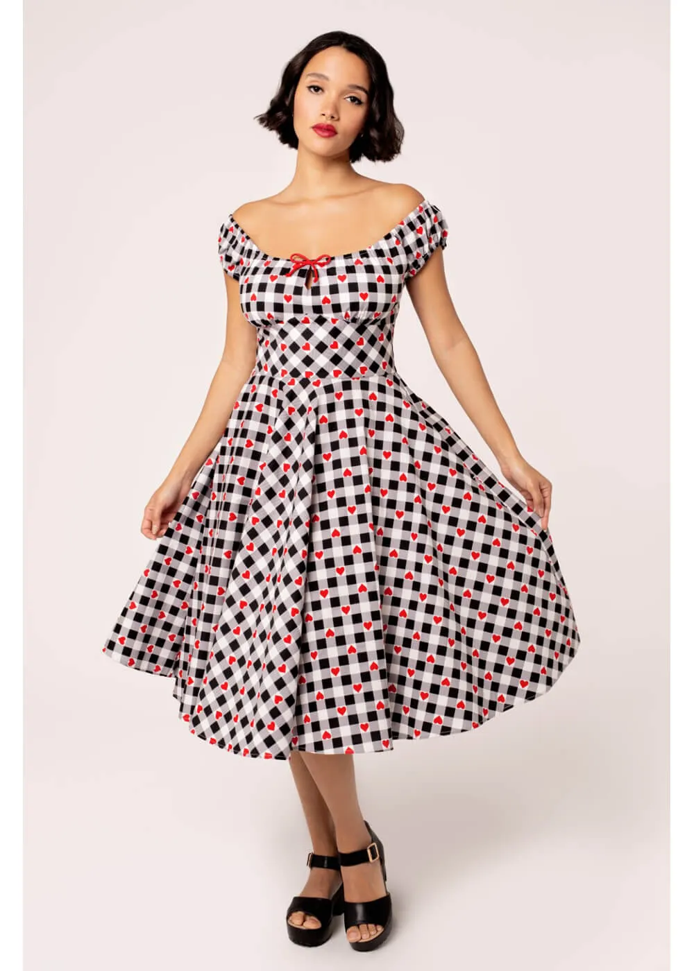 Hell Bunny Leonie Gingham Hearts 50's Swing Dress Black White