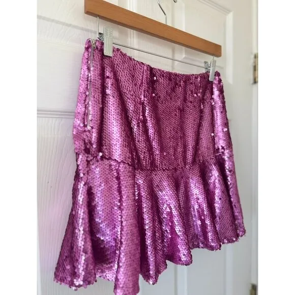 Hemline Hausen Pink Sequin Mini Skirt Flared Womens S NWT Festival Boho Outfit