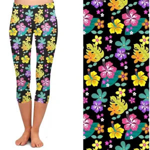 Hibiscus Leggings  -Floral  Spring Flowers Capri Black Background with Pockets