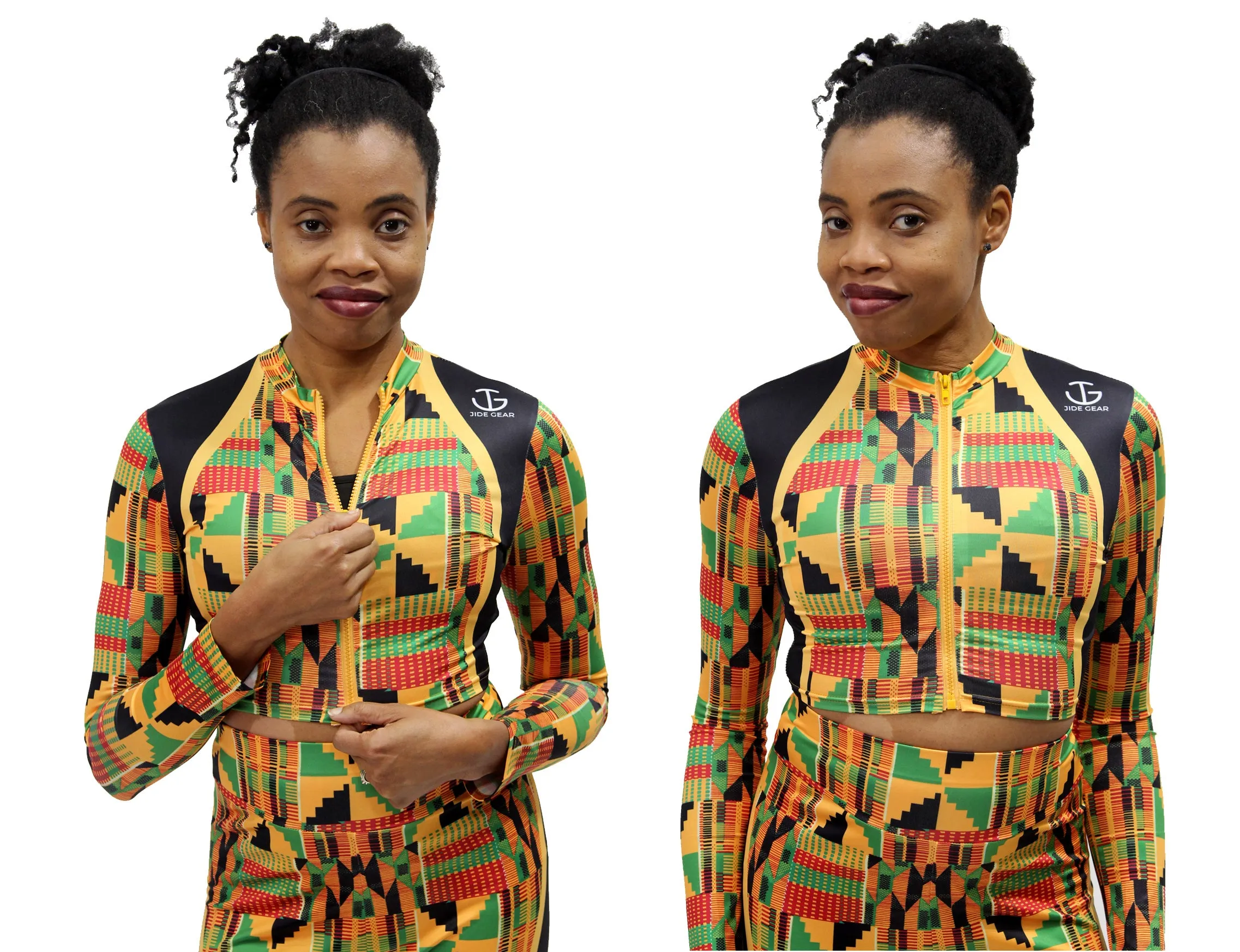 High Neck Kente Zip Up Crop Top