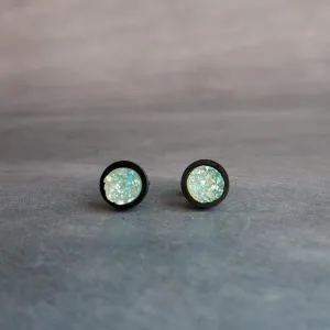 Ice Mint Blue Black Stud Earrings, ice blue earring, Alice blue earrings, matte black earring, small druzy earrings, jagged round stone pale