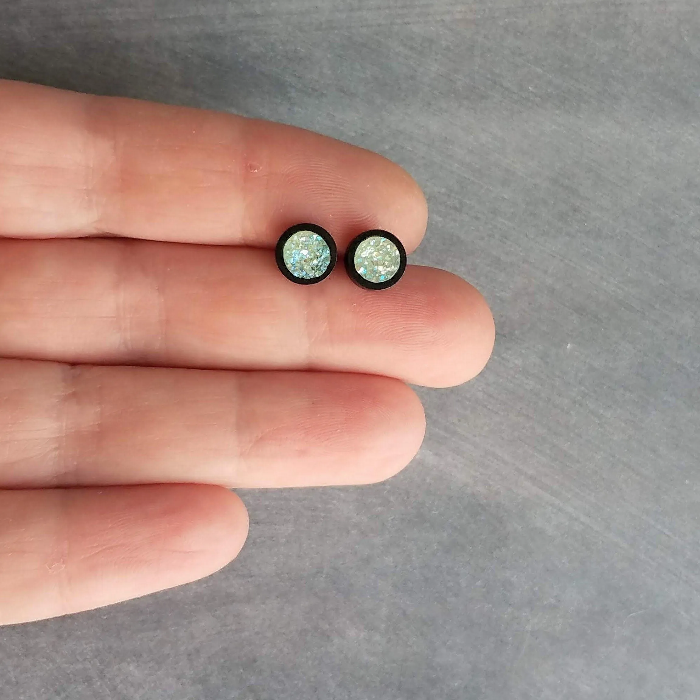 Ice Mint Blue Black Stud Earrings, ice blue earring, Alice blue earrings, matte black earring, small druzy earrings, jagged round stone pale